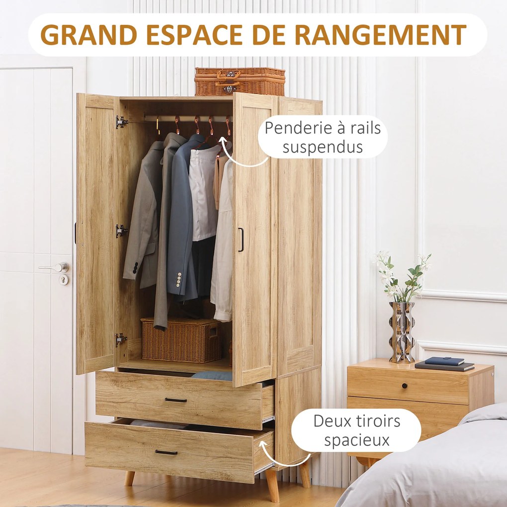 Guarda roupa e arrumação com 2 portas e 2 gavetas, com varão - 80 x 54 x 180 cm cor natural