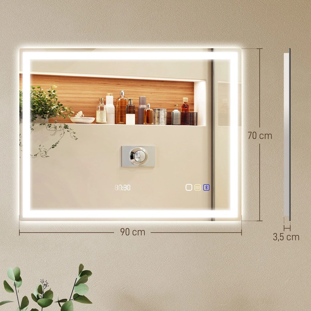 Espelho de Casa de Banho LED Bluetooth, 90 x 3,5 x 70 cm, Antiembaciamento, Prateado
