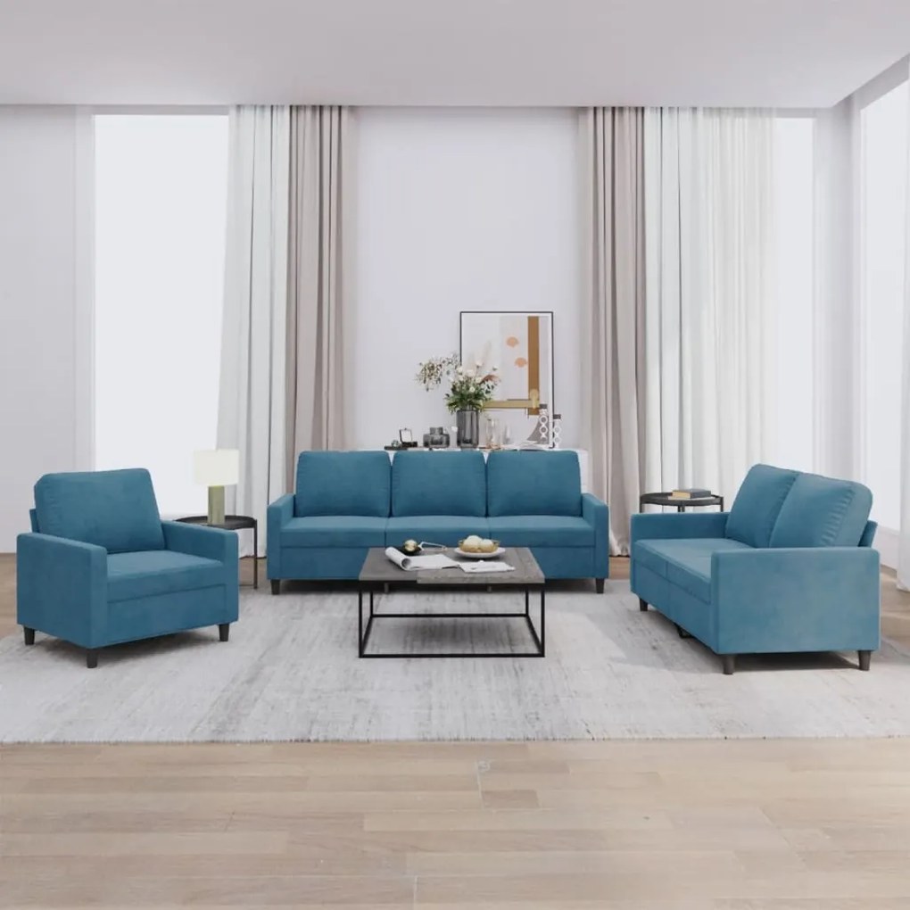 vidaXL 3 pcs conjunto de sofás com almofadões veludo azul