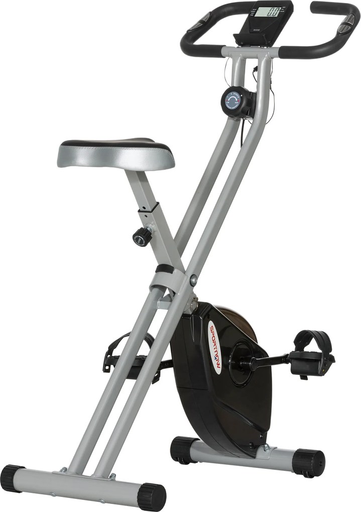 Bicicleta Estática Dobrável Silenciosa com 8 Níveis de Resistência Monitor LCD Assento Ajustável e Rodas Cinza