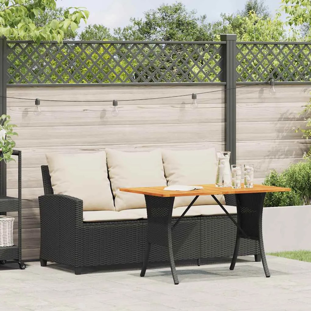 Sofá de jardim 3 lugares com almofadões vime PE preto