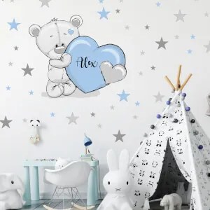 Autocolantes para quarto de criança - Urso de peluche com estrelas em azul