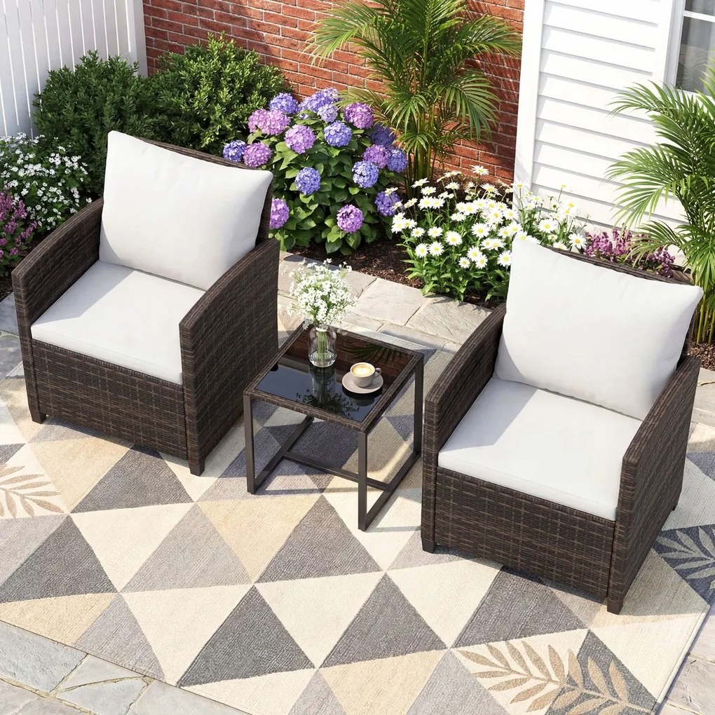 Conjunto de 3 móveis de rattan para jardim, com 2 cadeiras, mesa de vidro e almofadas pretas com capas removíveis, para jardim, terraço ou piscina Cas