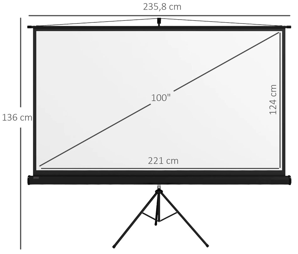 Tela de Projeção Manual com Suporte 100 Polegadas Portátil Formato 16:9 com Altura Ajustável 235,8x8x136 cm Branco e Preto