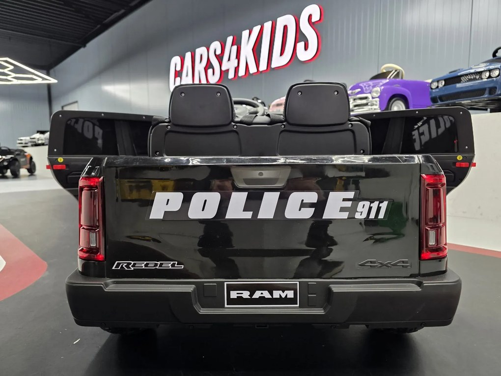 Carro Infantil bateria 12V Dodge RAM Policia, Pneus Borracha, Assento de couro Preto