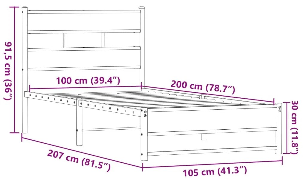 Estrutura de cama sem colchão 100x200cm metal carvalho castanho