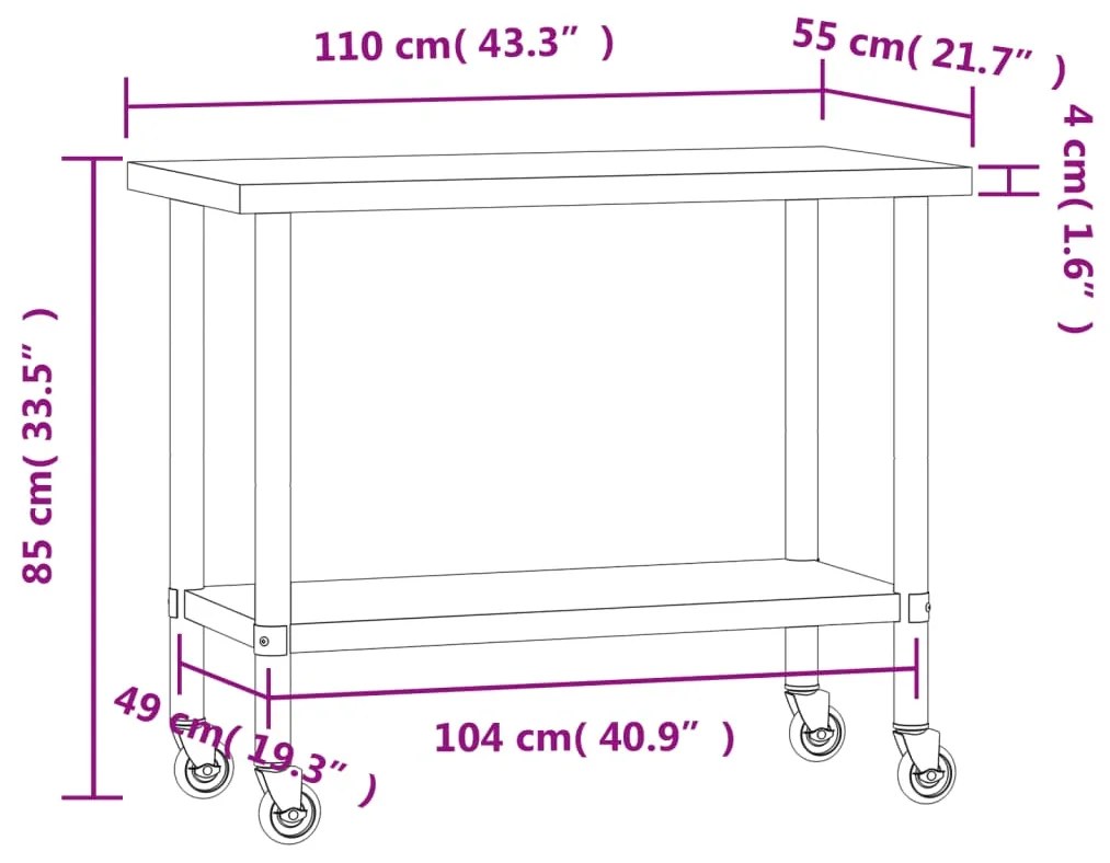 Mesa de trabalho de cozinha c/ rodas 110x55x85cm aço inoxidável