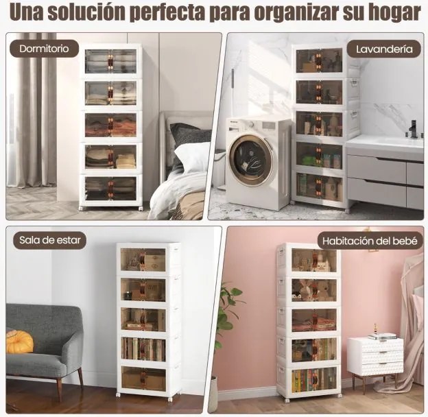 Conjunto de 5 caixas arrumação empilháveis com portas de rodas com fecho e tampas dobráveis em PP para o quarto 59,5 x 37,5 x 169 cm Branco