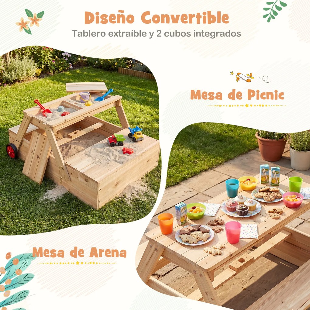 Caixa de areia infantil de madeira 3 em 1 com guarda-sol ajustável, mesa de piquenique, bancos, 2 compartimentos ocultos e rodas para uso no exterior
