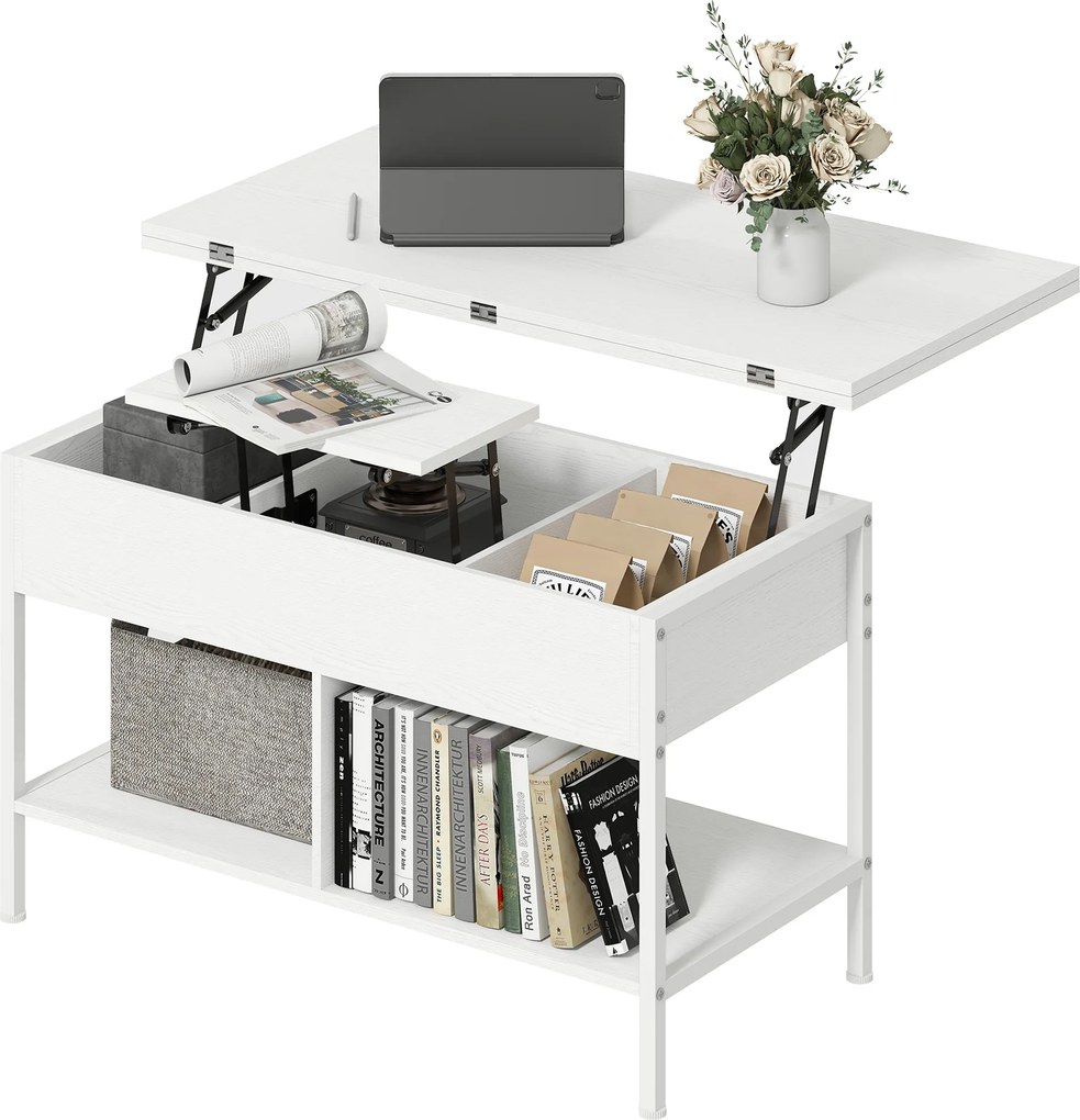 Mesa de centro 98 x 49 x 55 cm elevável e extensível, com compartimento oculto e prateleiras abertas, branca