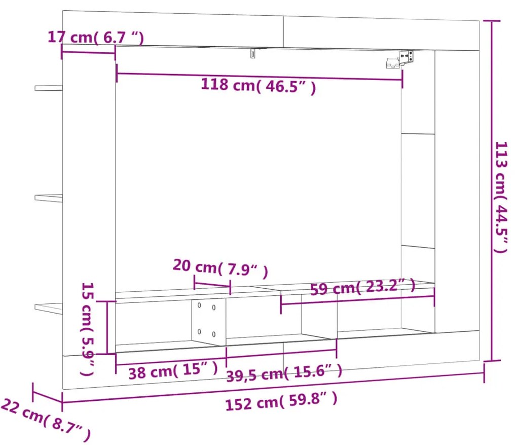 Móvel de TV 152x22x113 cm derivados de madeira cinzento cimento