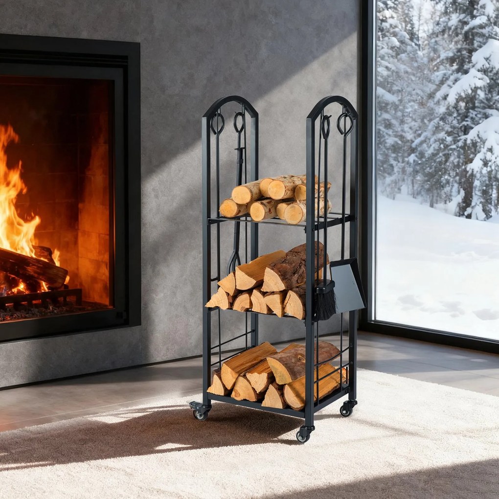 Empilhador de toras com 4 níveis, suporte móvel para toras para uso interno e externo com pinças, preto
