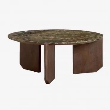 Mesa De Centro Redonda Em Pedra Natural E Madeira De Manga Lavinia Ø70 Cm & Madeira De Cabo Escuro & Mármore Verde Forest - Sklum