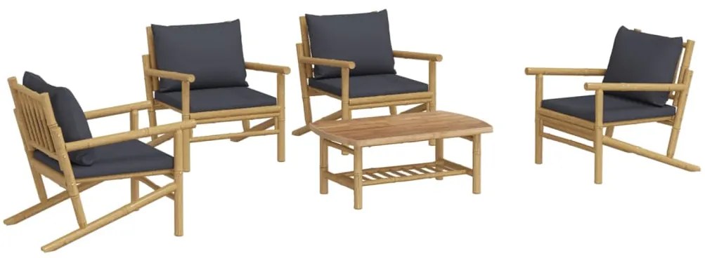 5 pcs conjunto lounge jardim bambu c/ almofadões cinza-escuro