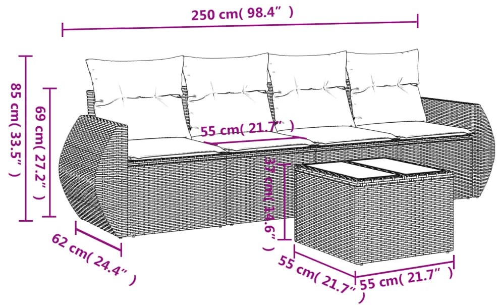 5 pcs conj. sofás jardim c/ almofadões vime PE cinzento-claro