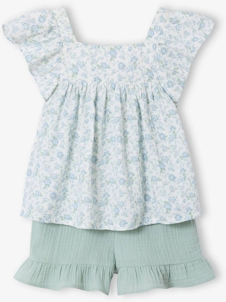 Conjunto de calções e top em gaze de algodão, para menina verde-salva