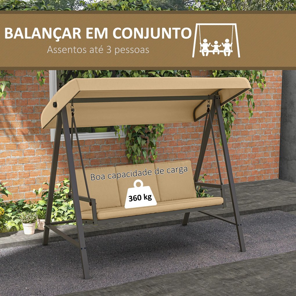 Baloiço de Jardim de 3 Lugares Baloiço de Exterior com Toldo Ajustável