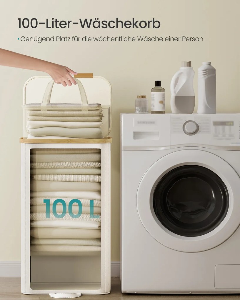 Cesto da roupa suja 42 x 32 x 75 cm com tampa e saco removível, 100 L, creme