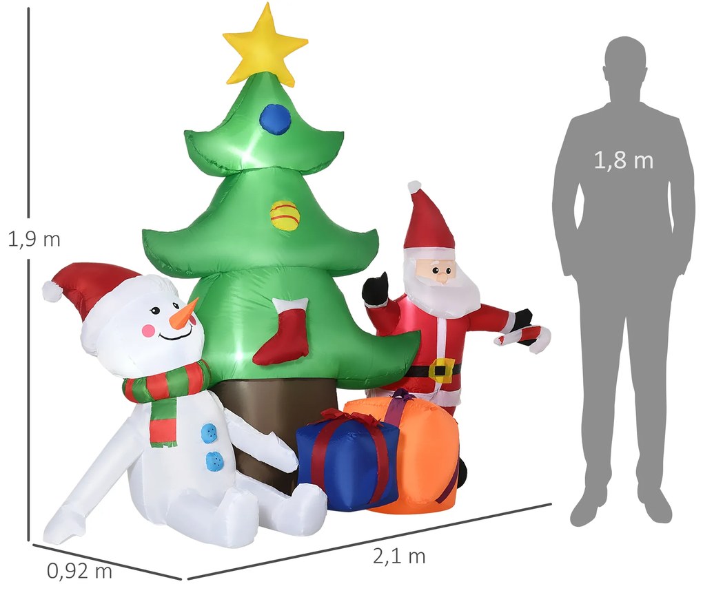 Árvore de Natal Insuflável 190cm com Luzes LED Impermeável IP44 e Inflador Decoração de Natal para Interiores e Exteriores 210x92x190cm Multicor