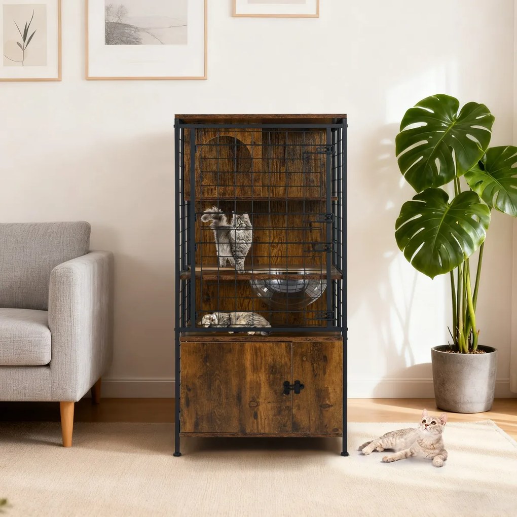 Gaiola moderna para gatos 60 x 60 x 125 cm com torre multinível com estrutura metálica Orifícios Porta com fechadura Almofadas ajustáveis Castanho
