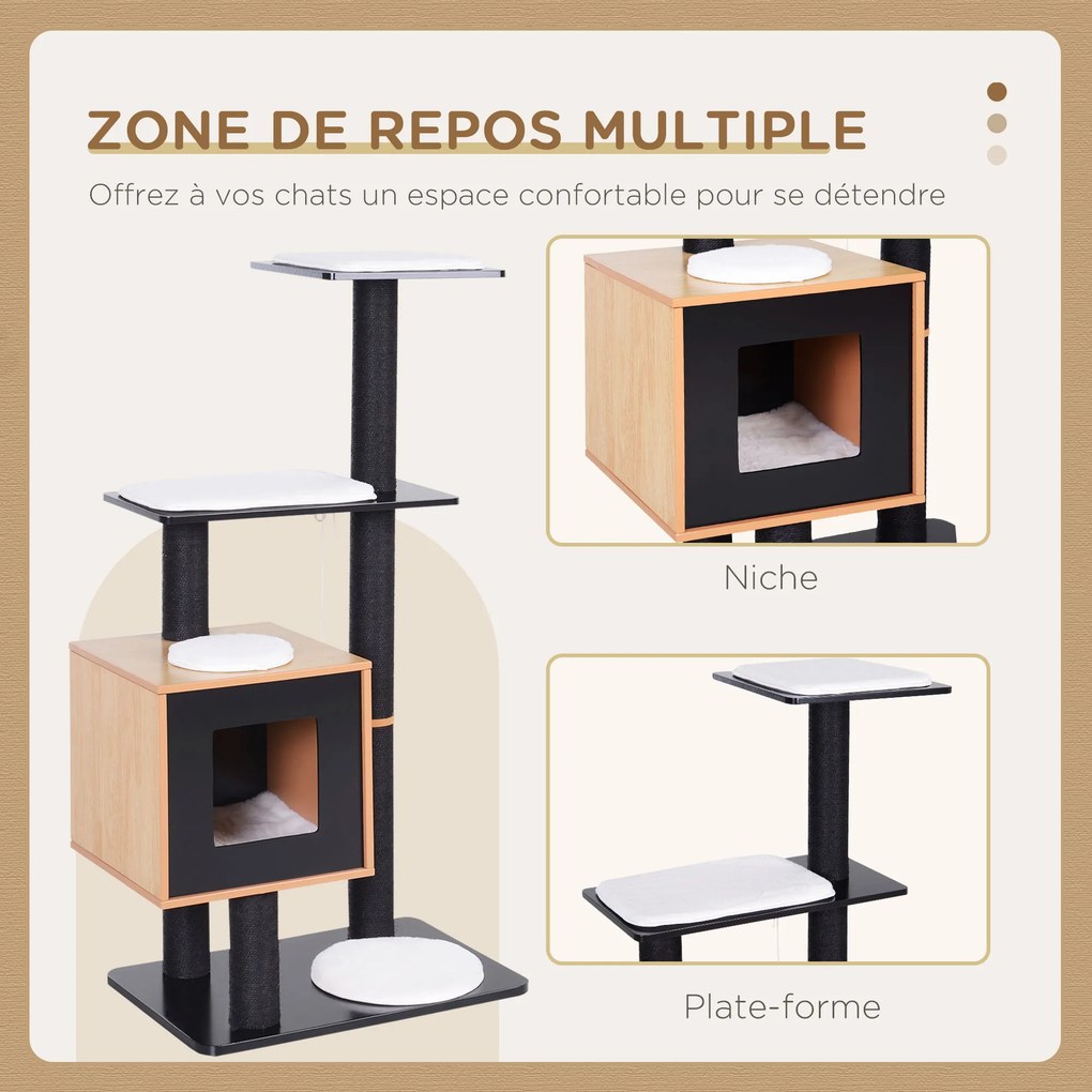 Arranhador para gatos com design contemporâneo 71,5 x 49,5 x 120 cm, sisal natural, centro de atividades, compartimentos abertos, plataformas de brinc