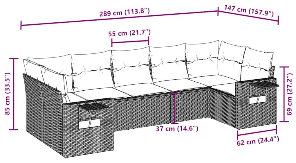7 pcs conjunto de sofás jardim c/ almofadões vime PE castanho