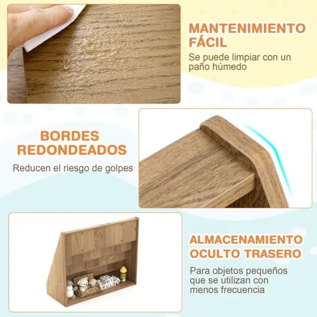 Estante infantil 91 x 38 x 76,5 cm de 5 níveis com pequeno porta-revistas para quarto infantil, sala de estar ou creche Natural