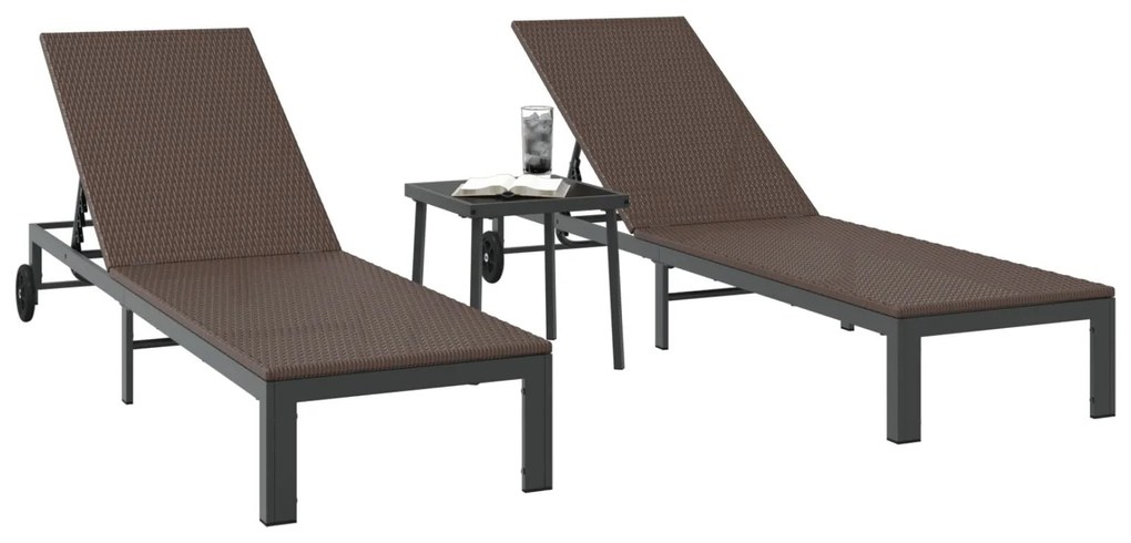 Conjuntos de espreguiçadeiras 2 pcs com rodas e mesa em rattan sintéti