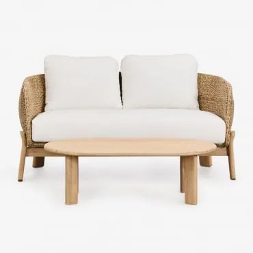 Conjunto De Sala De Estar Leilan Com Sofá De 2 Lugares E Mesa De Centro Em Madeira De Acácia E Rattan Marrom Acácia Claro - Sklum