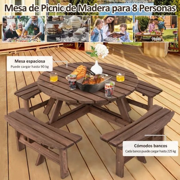 Conjunto jardim de mesa de madeira para 8 pessoas ao ar livre com mesa de piquenique com buraco para guarda-sol e 4 bancos de jardim Castanho