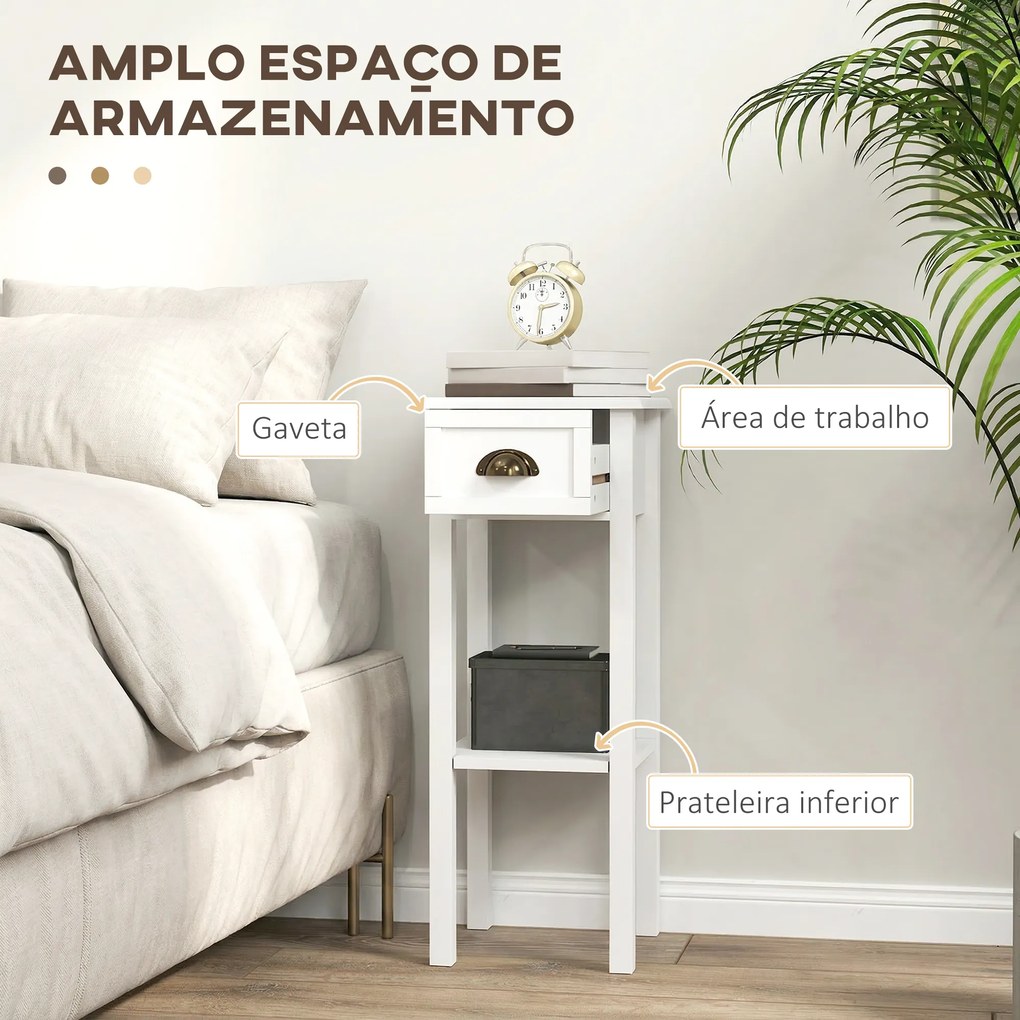 Conjunto de 2 Mesas Auxiliares Mesas de Cabeceira com Gaveta e Prateleira de Armazenamento para Quarto 30x30x75 cm Branco