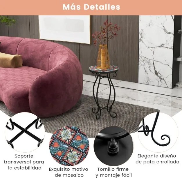 Mesa auxiliar de jardim em mosaico 30 x 50 cm (diâmetro x altura) com tampo em azulejos de cerâmica para varanda e jardim Preto