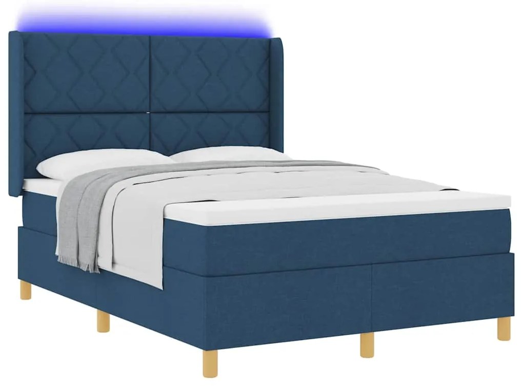 Cama Box com Colchão e LED Azul 140x200 cm Tecido