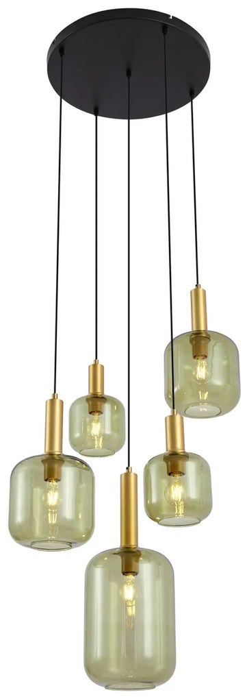 Candeeiro suspenso Hotel Chic preto e dourado com vidro verde 5 luzes - Zuzanna Chique de hotel