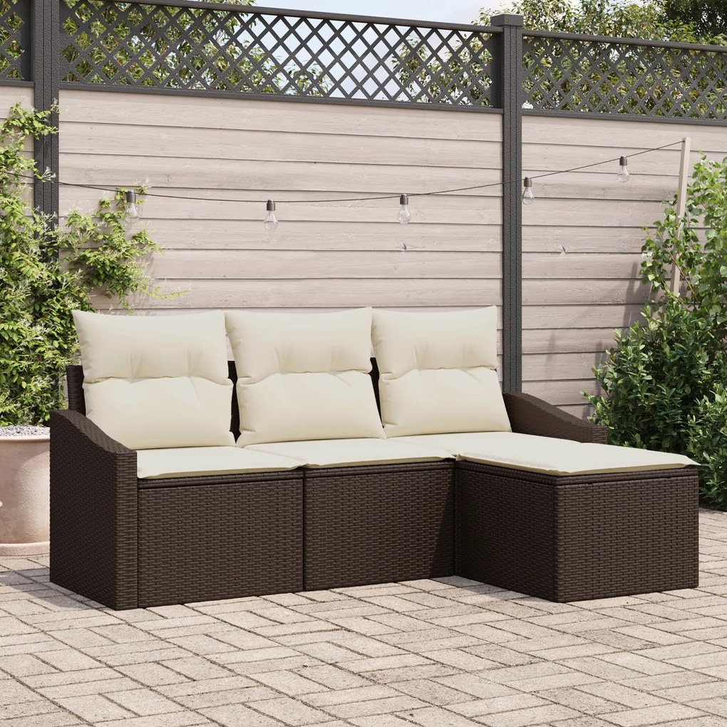 Conjunto de Sofá de Jardim de 4 Peças com Almofadas em Polirattan Marr
