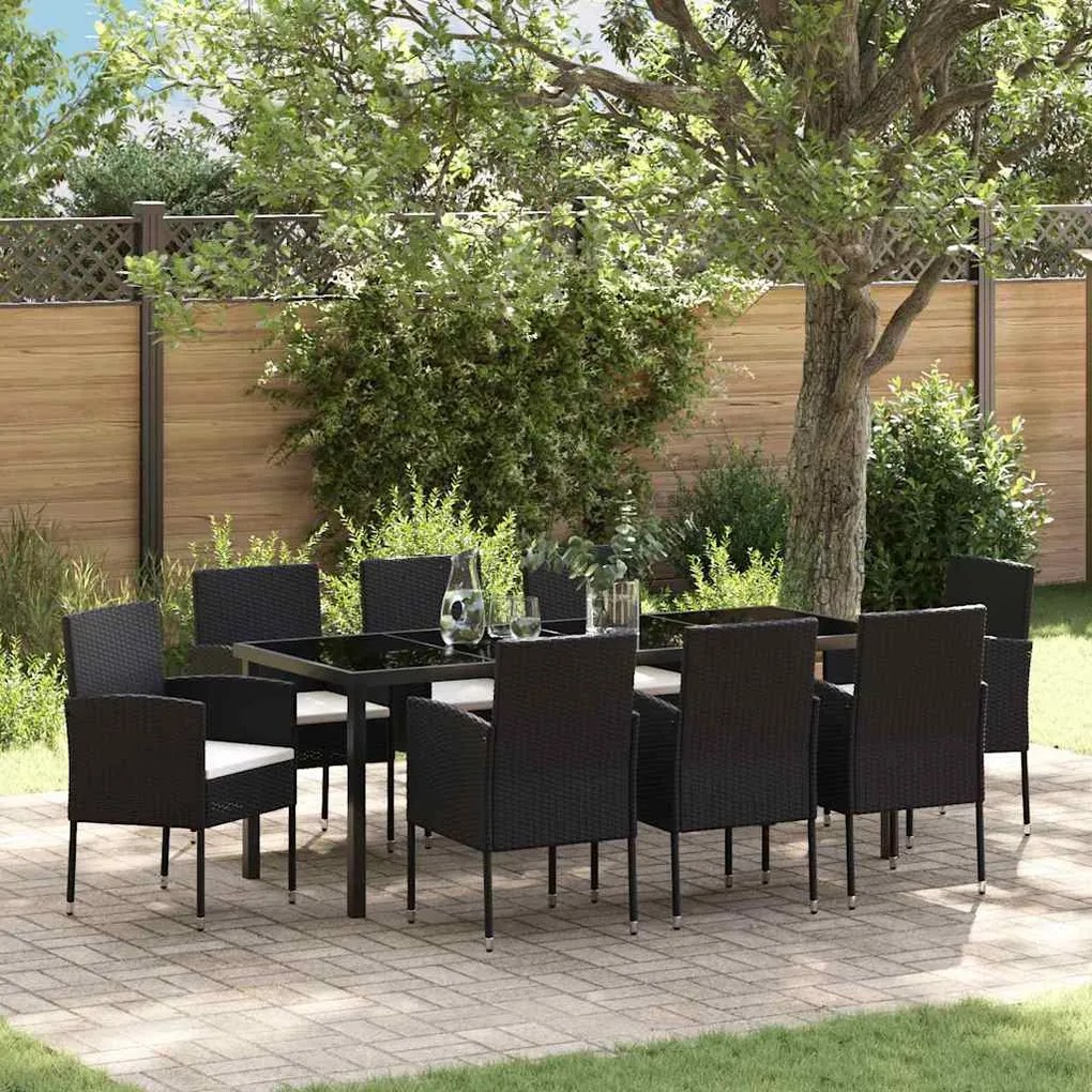 vidaXL Conjunto de Jantar de Jardim com 9 peças e almofadas pretas em rattan sintético