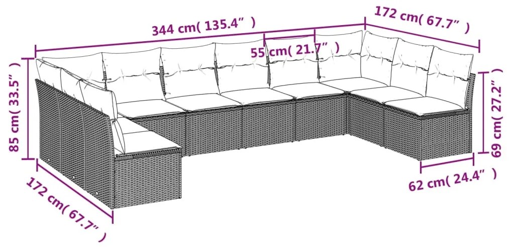 10 pcs conj. sofás jardim com almofadões vime PE castanho