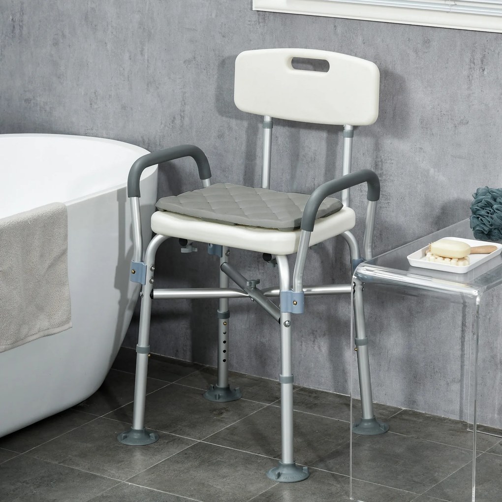 Cadeira de Duche para Idosos com Encosto Apoios de Braço Altura Ajustável Almofada Acolchoada Removível 53,5x52x80-90 cm Branco