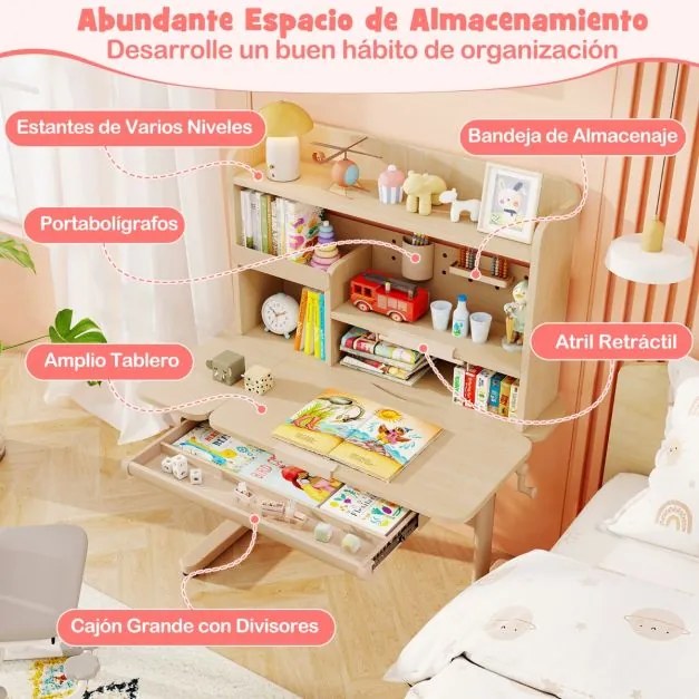 Secretária infantil 100 x 60 x 111-135 cm com estante e gaveta em altura com superfície inclinável Prateleiras Atril e porta-lápis Natural