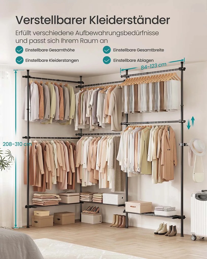 Guarda roupa 33,5 x (240-353) x (208-310) cm com Barras telescópicas com 6 barras e 3 prateleiras em preto