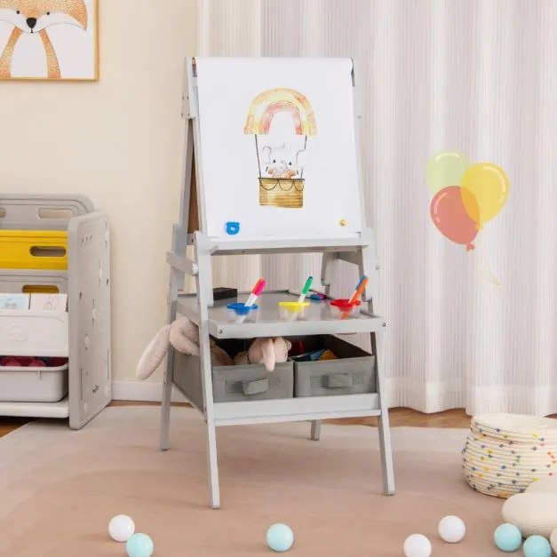 Quadro de brincar de pé de dupla face com quadro magnético e rolo de papel para quadro branco 3 copos e 2 baldes de pano - Cinzento