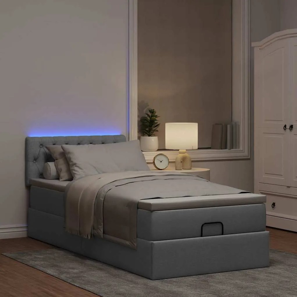 Cama Otomana com colchão & LEDs 90x200 cm tecido cinzento claro