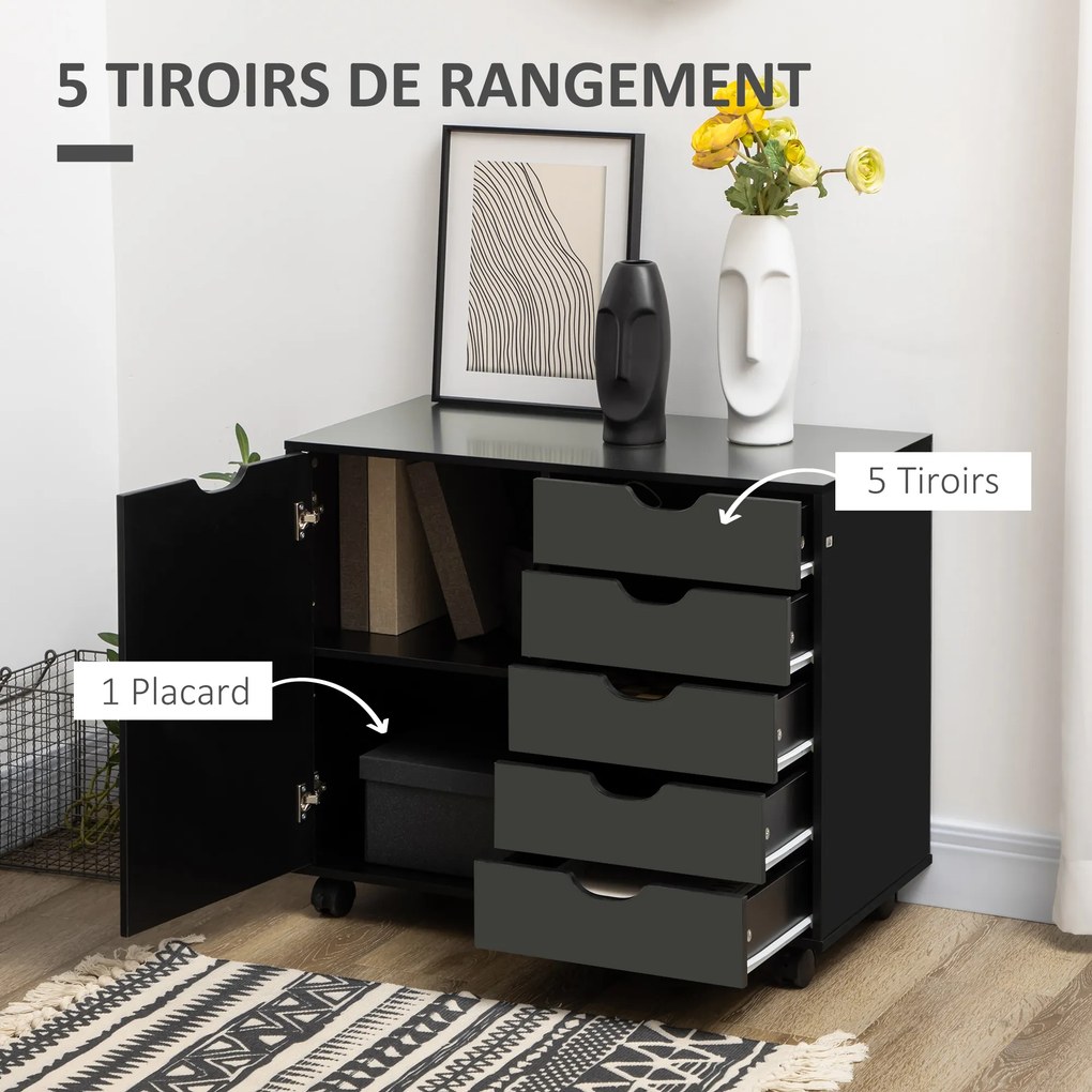 Arquivador de escritório de secretária com 5 gavetas 78 x 40 x 66,5 cm, 1 porta e prateleira ajustável, suporte para impressora com rodas, preto