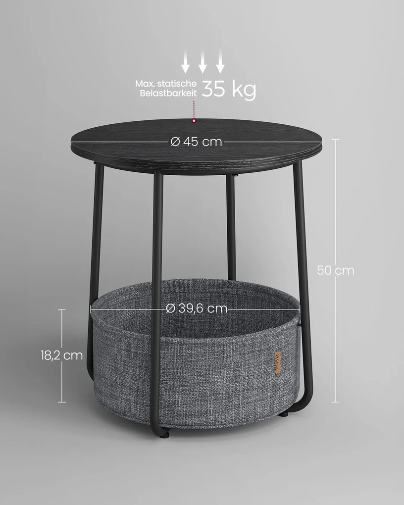 Mesa de apoio redonda, mesa de cabeçeira com cesto em tecido 45 x 50 cm (Ø x H) preto + cinzento