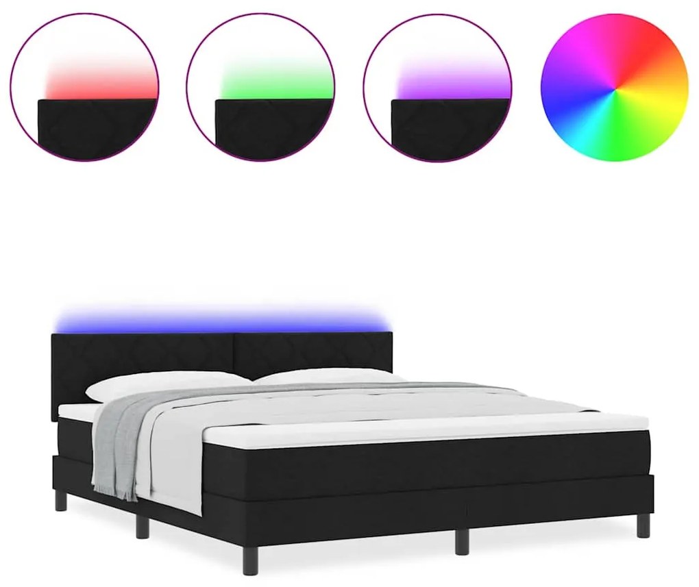 Cama Box Spring com Colchão &amp; Luz LED Preta 180x200 cm Tecido