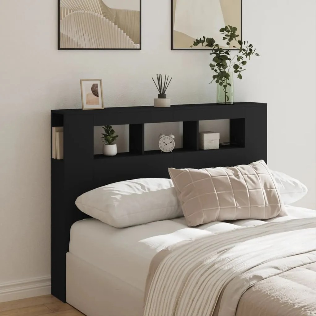 Cabeceira cama c/ LEDs 140x18,5x103,5 cm deriv. madeira preto