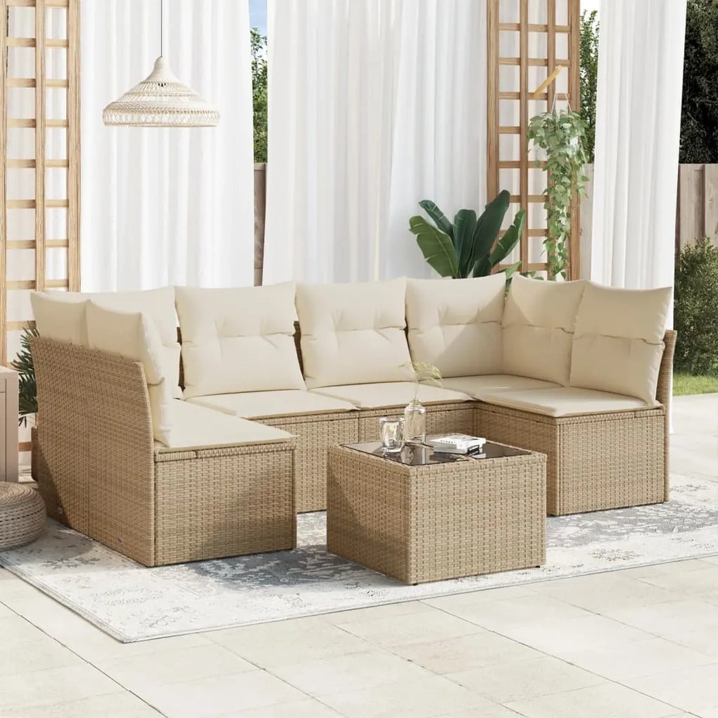 7 pcs conjunto de sofás p/ jardim com almofadões vime PE bege