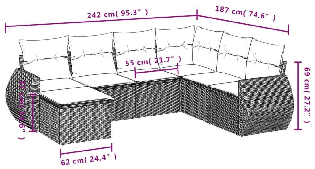 7 pcs conjunto de sofás p/ jardim c/ almofadões vime PE preto