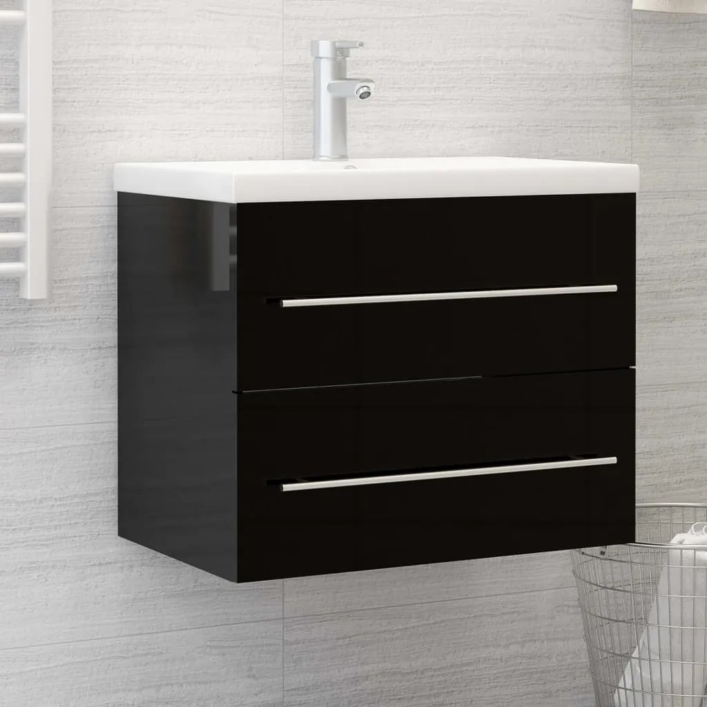 vidaXL Armário + lavatório embutido derivados madeira preto brilhante