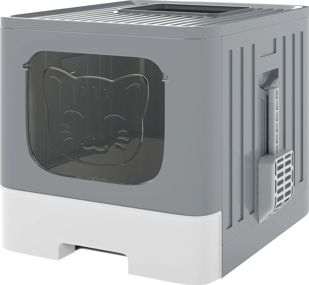 PawHut Caixa de Areia para Gatos Dobrável M Caixa de Areia com Tampa de Grelha Gaveta Removível Pá Gancho Lateral Fácil de Limpar Antifugas Cinzento | Aosom Portugal